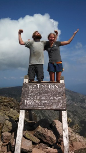 Joseph "Bellows" and Catherine "Watermelon" summit Katahdin during their 2014 flip flop thru-hike.